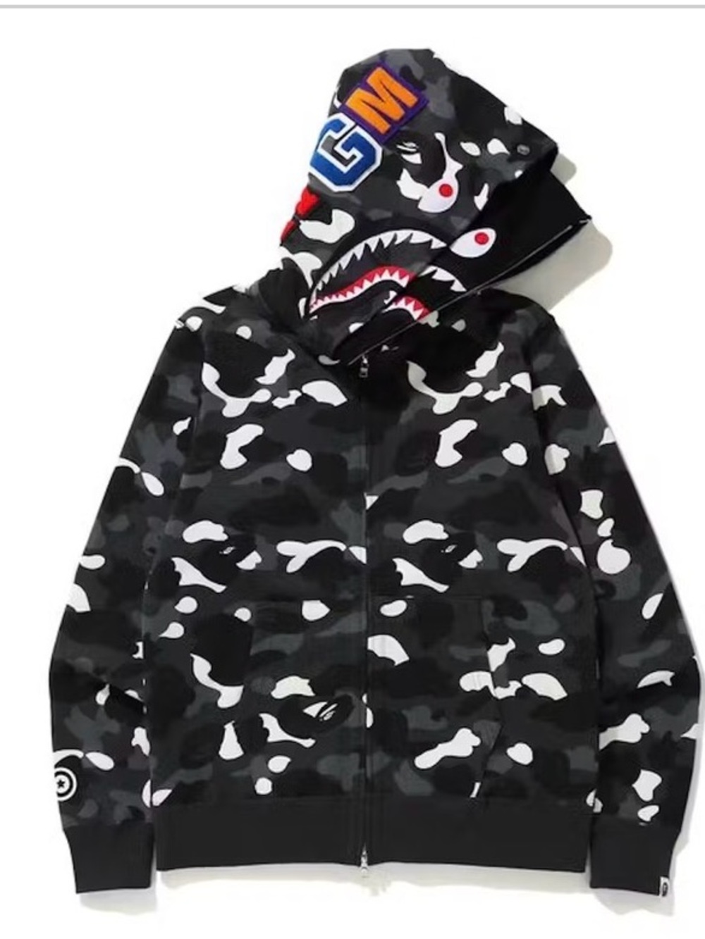 Bape Black & White Shark Camo Zip Hoodie. Double hooded. Glows in dark.